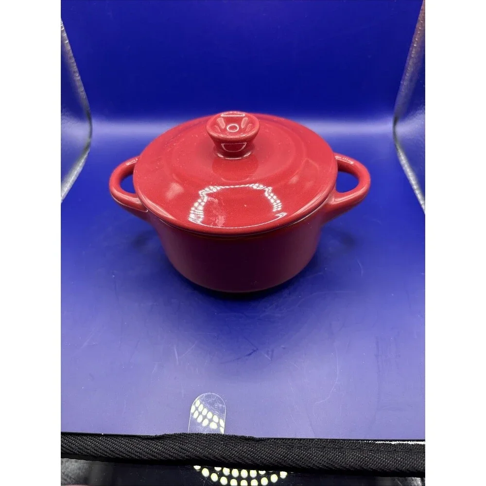 Crofton Mini Ceramic Casserole Dish w/Lid & Two Matching Ribbed Ramekins-Red Lot